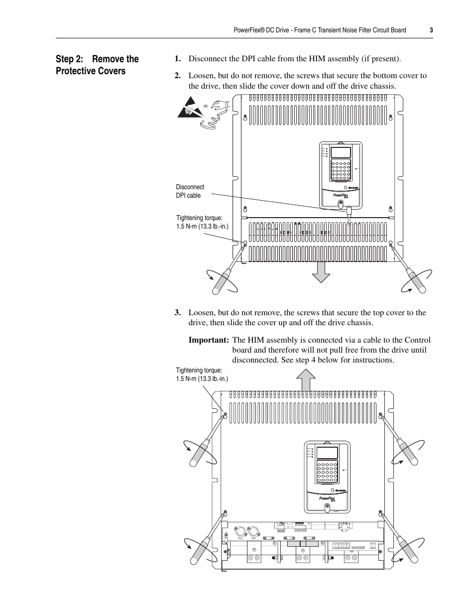 Step 2: remove the protective covers | Rockwell Automation 20P PowerFlex DC Drive - Frame C Transient Noise Filter Circuit Board User Manual | Page 3 / 10