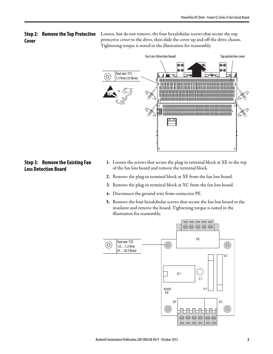 Step 2: remove the top protective cover | Rockwell Automation 20P PowerFlex DC Drive - Frame D, Series A Fan Circuit Board User Manual | Page 3 / 4