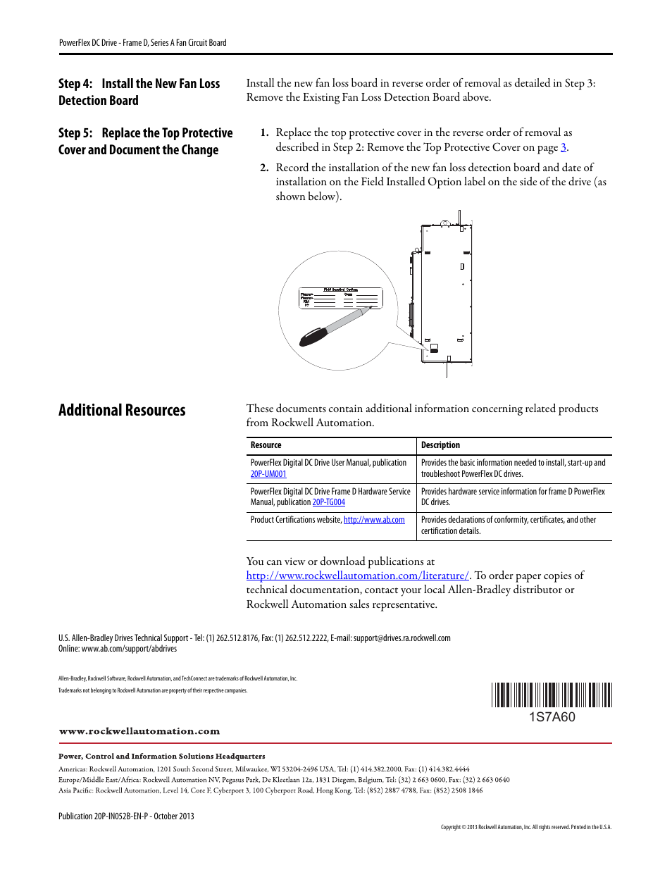 Additional resources, Step 4: install the new fan loss detection board | Rockwell Automation 20P PowerFlex DC Drive - Frame D, Series A Fan Circuit Board User Manual | Page 4 / 4