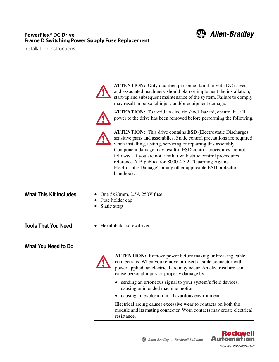 Rockwell Automation 20P PowerFlex DC Drive - Frame D Switching Power Supply Fuse Replacement User Manual | 4 pages