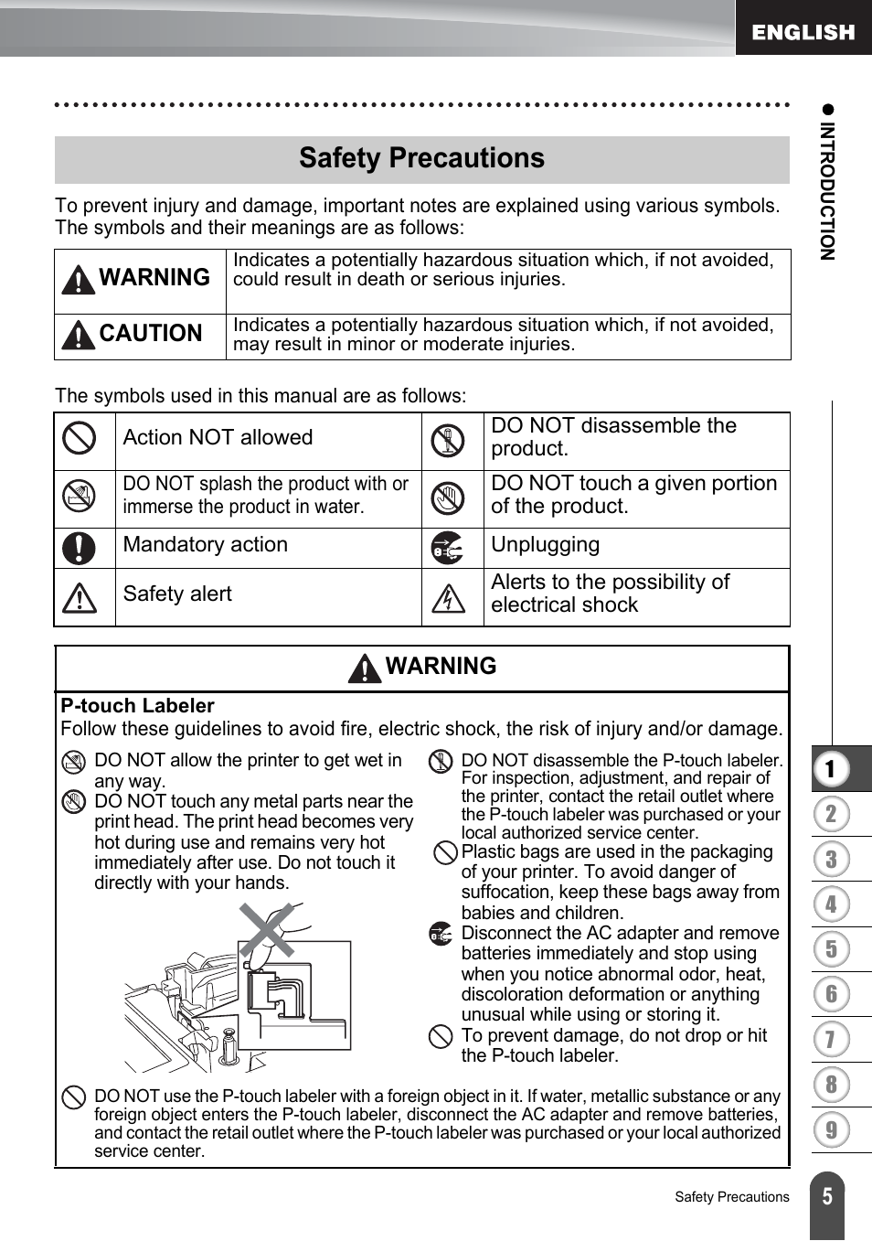 Safety precautions, Warning, Caution | Brother P-TOUCH PT-2030 User Manual | Page 11 / 68