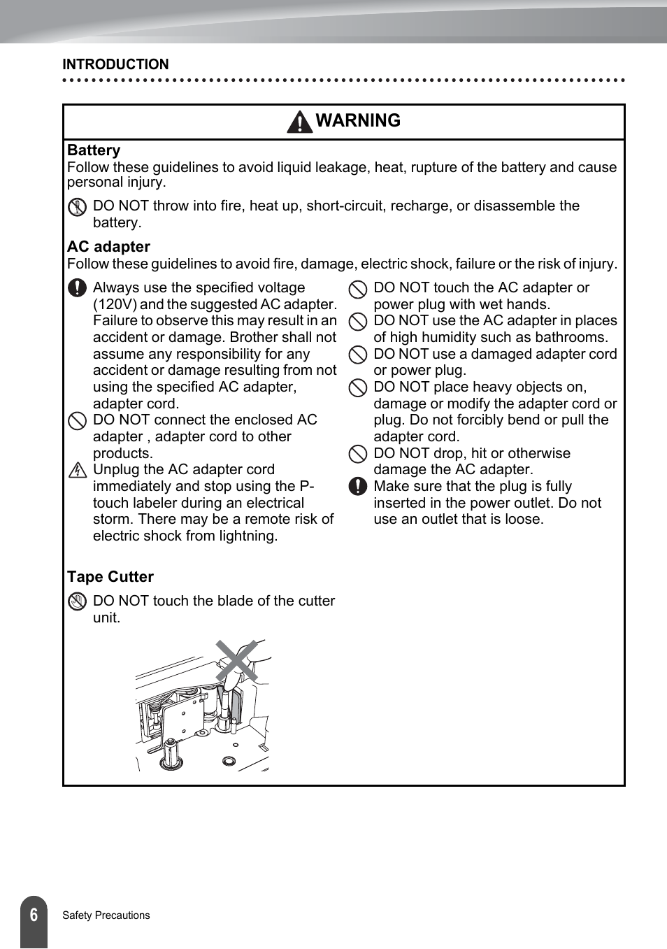 Warning | Brother P-TOUCH PT-2030 User Manual | Page 12 / 68