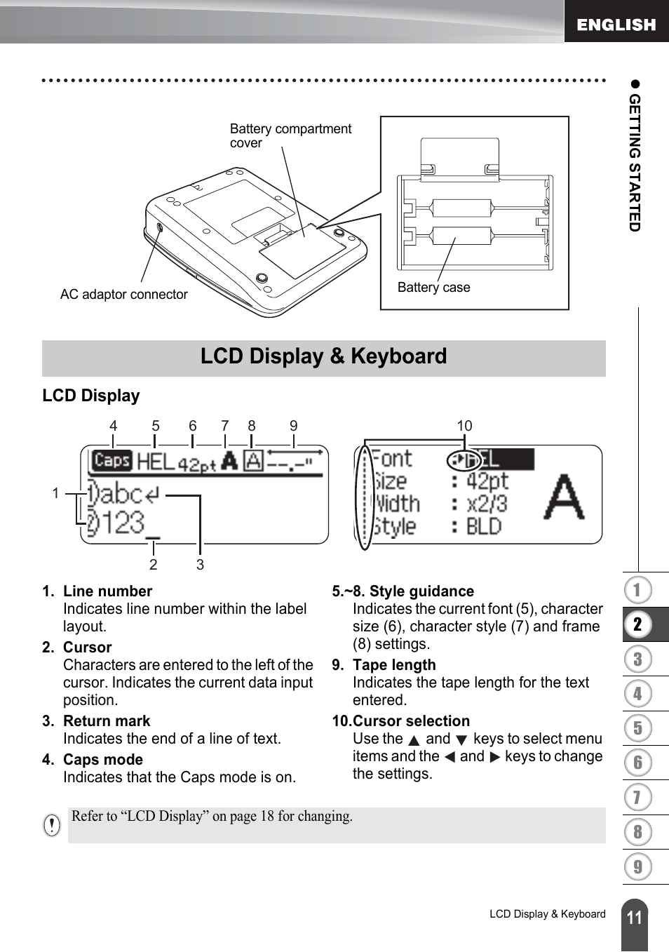 Lcd display & keyboard, Lcd display | Brother P-TOUCH PT-2030 User Manual | Page 17 / 68