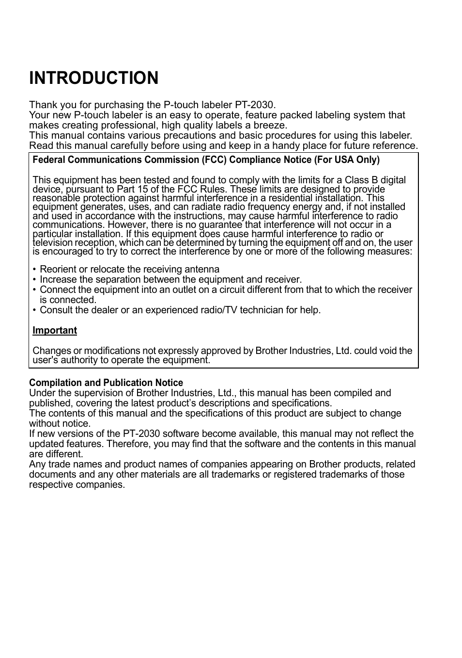 Introduction | Brother P-TOUCH PT-2030 User Manual | Page 2 / 68