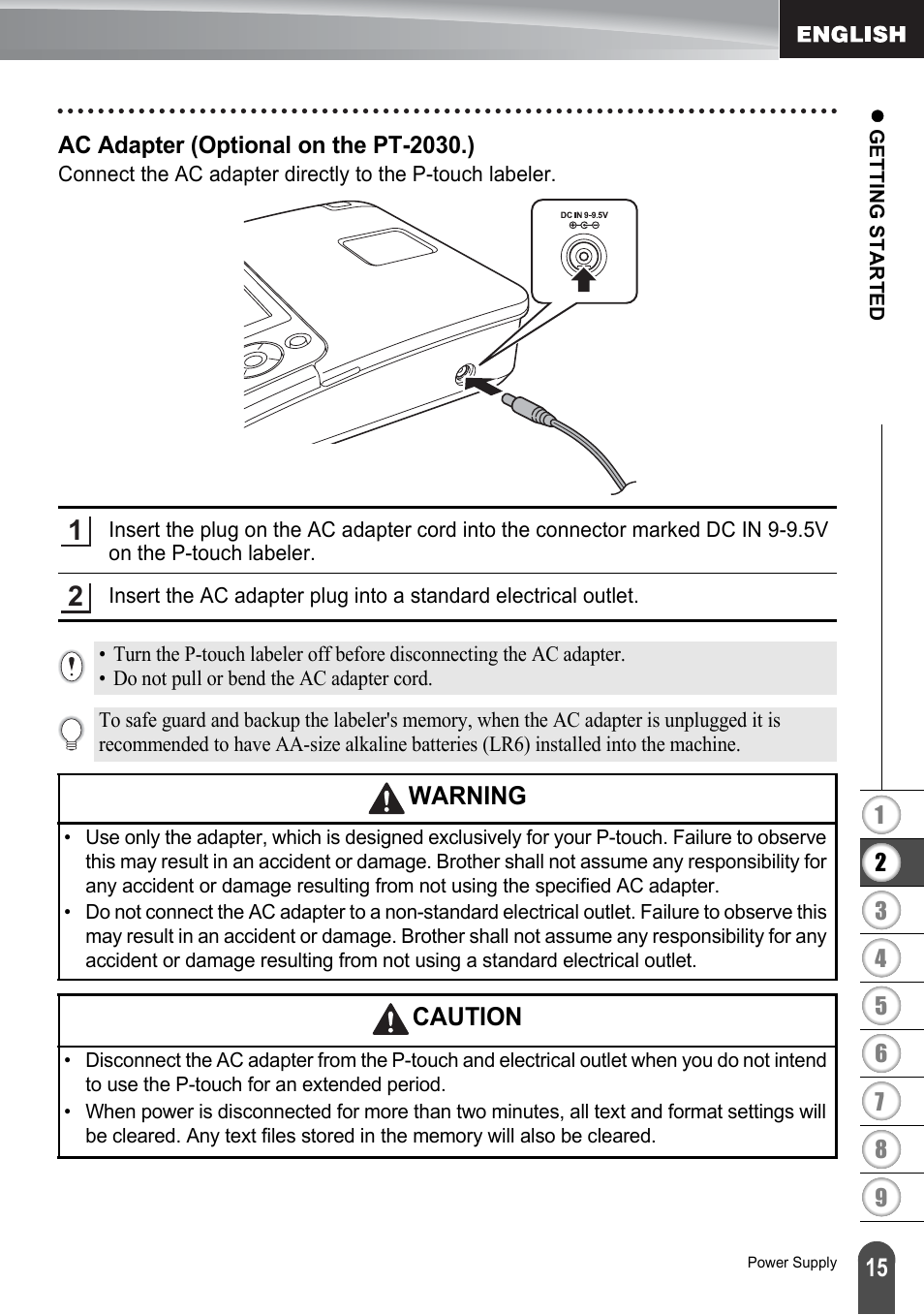 Ac adapter (optional on the pt-2030.), Warning, Caution | Brother P-TOUCH PT-2030 User Manual | Page 21 / 68