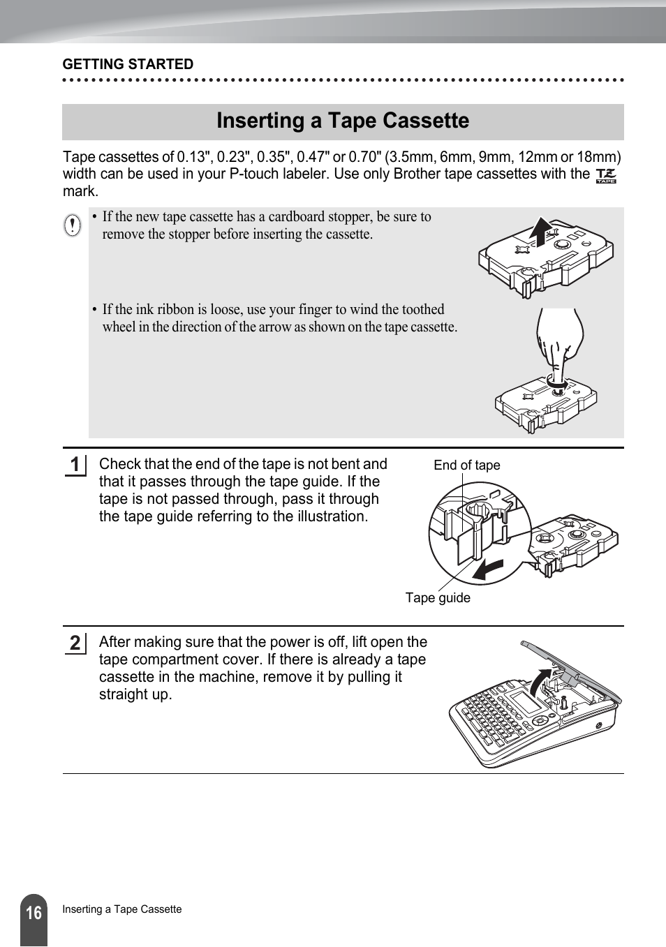 Inserting a tape cassette | Brother P-TOUCH PT-2030 User Manual | Page 22 / 68