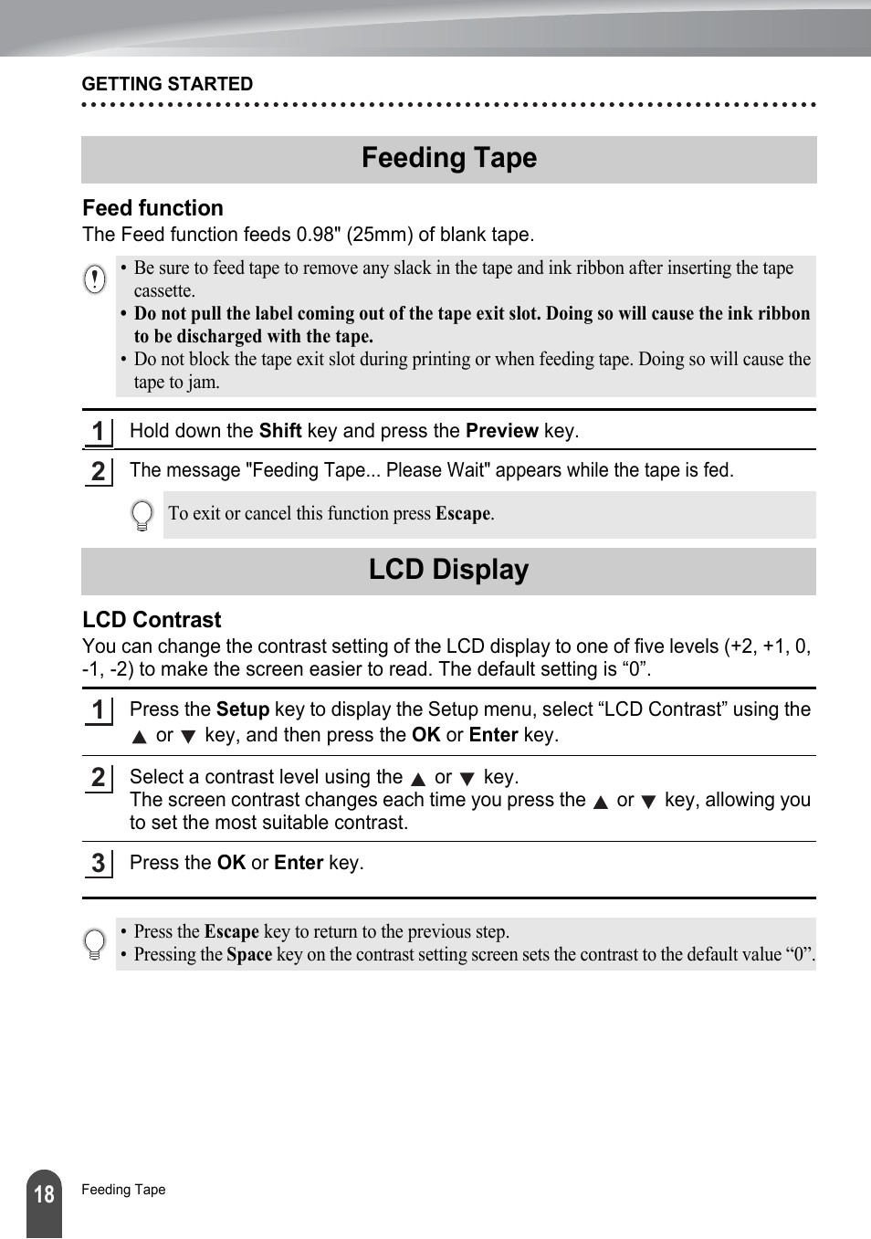 Feeding tape, Feed function, Lcd display | Lcd contrast | Brother P-TOUCH PT-2030 User Manual | Page 24 / 68