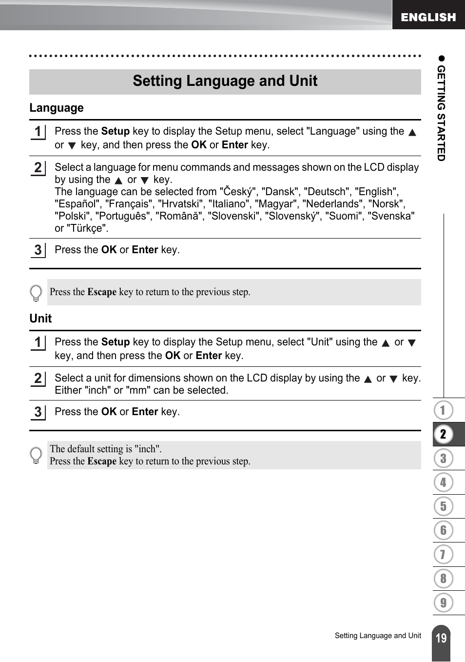 Setting language and unit, Language, Unit | Language unit | Brother P-TOUCH PT-2030 User Manual | Page 25 / 68