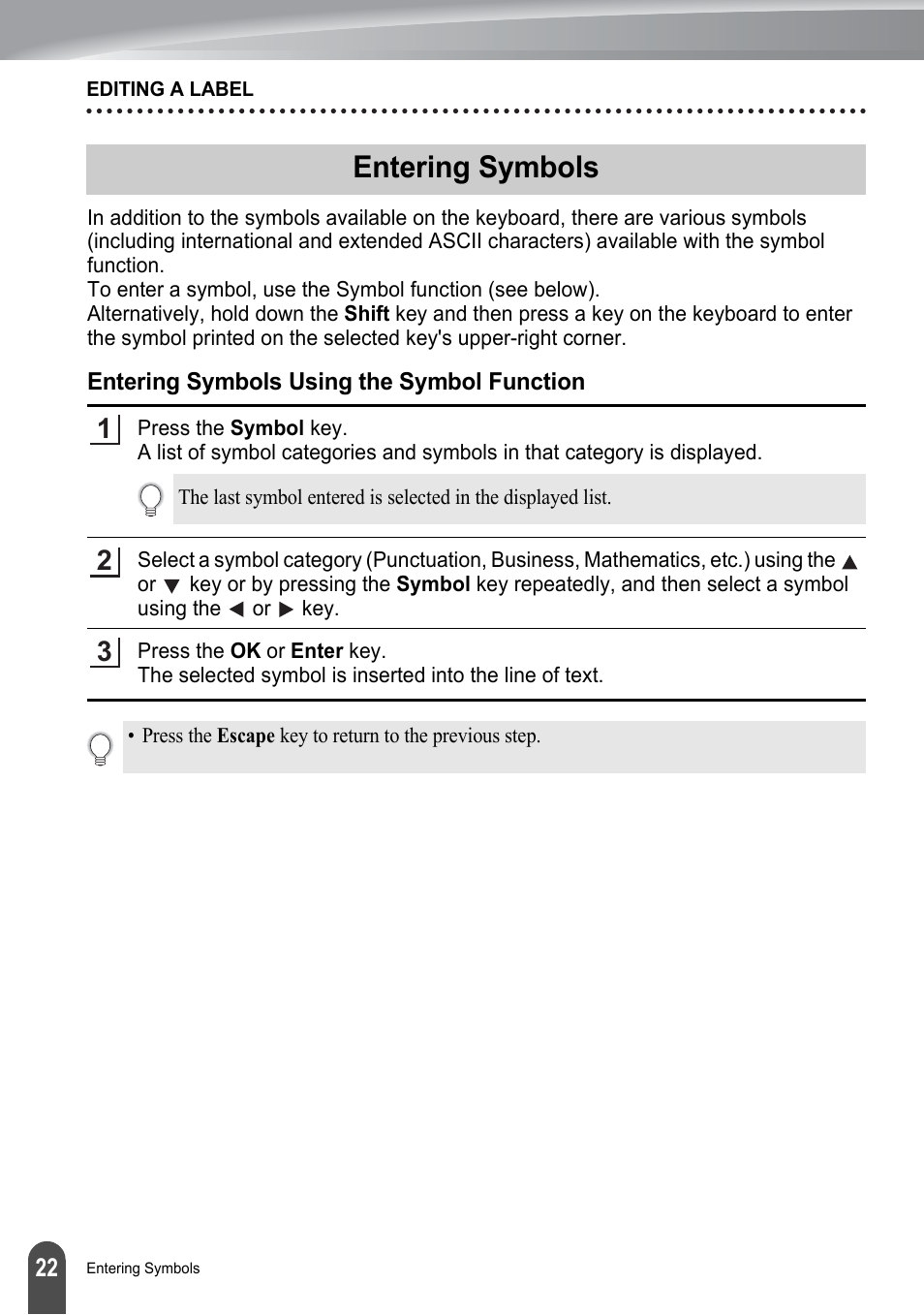 Entering symbols, Entering symbols using the symbol function, P. 22 | Brother P-TOUCH PT-2030 User Manual | Page 28 / 68