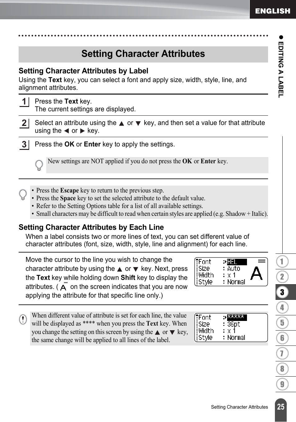 Setting character attributes, Setting character attributes by label, Setting character attributes by each line | Brother P-TOUCH PT-2030 User Manual | Page 31 / 68