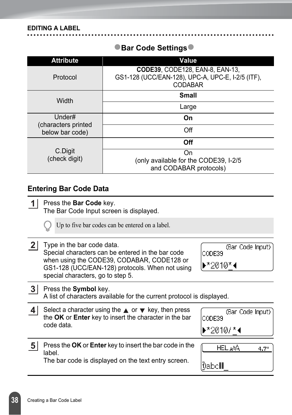 Entering bar code data | Brother P-TOUCH PT-2030 User Manual | Page 44 / 68