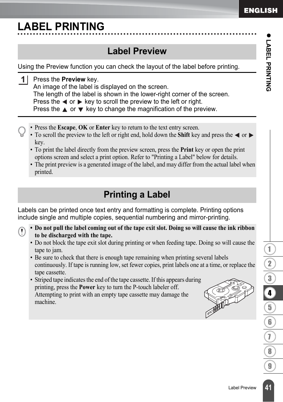 Label printing, Label preview, Printing a label | Label preview printing a label, P. 41 | Brother P-TOUCH PT-2030 User Manual | Page 47 / 68