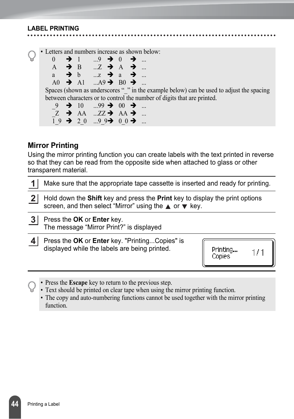 Mirror printing | Brother P-TOUCH PT-2030 User Manual | Page 50 / 68