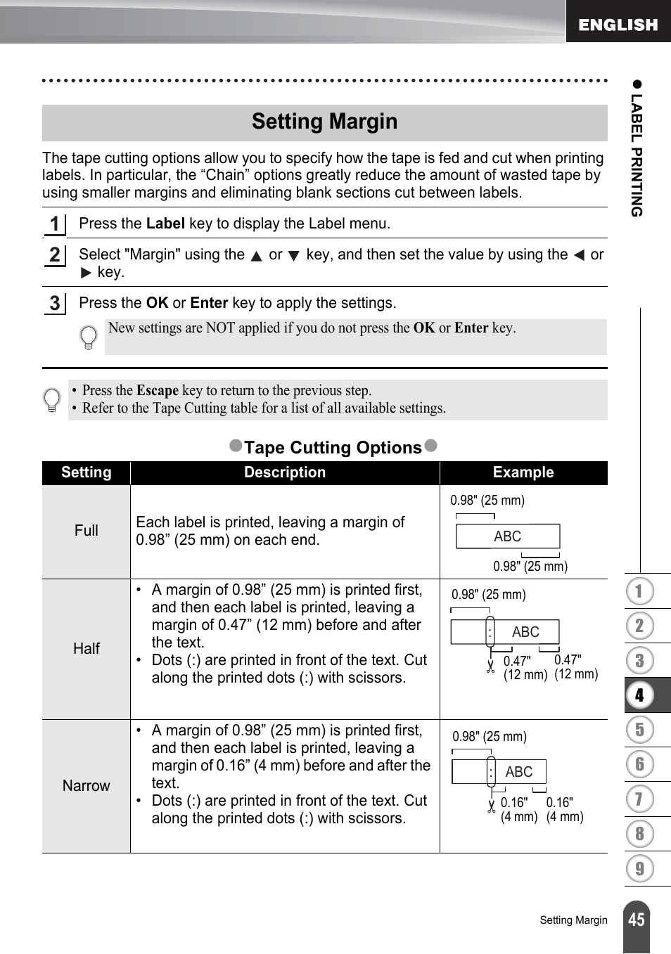 Setting margin, P. 45, Zsetting margin | Brother P-TOUCH PT-2030 User Manual | Page 51 / 68