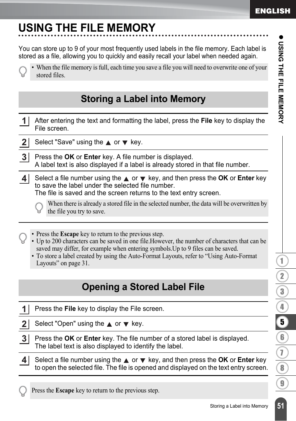 Using the file memory, Storing a label into memory, Opening a stored label file | Brother P-TOUCH PT-2030 User Manual | Page 57 / 68