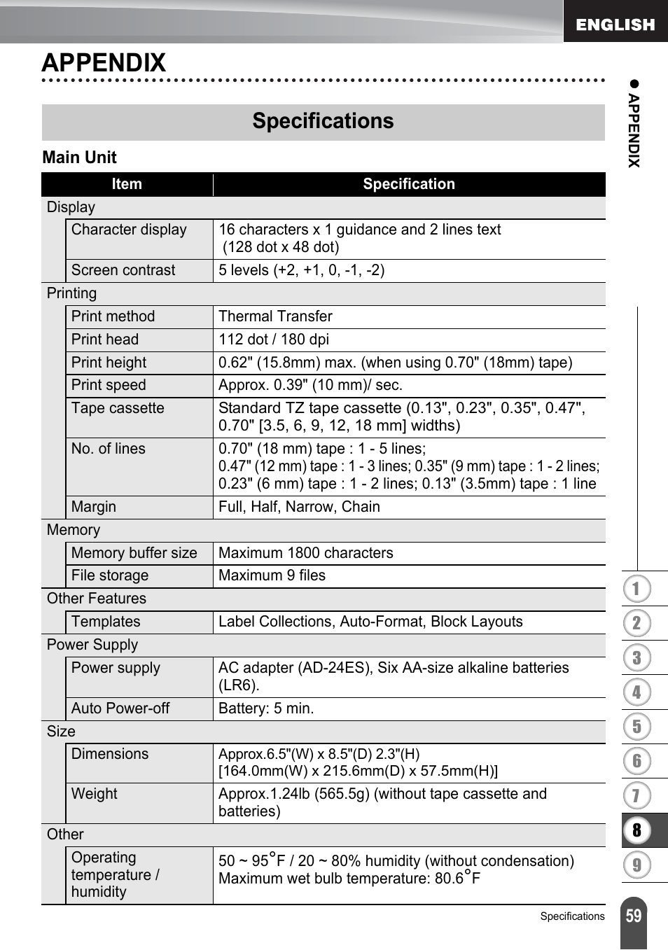 Appendix, Specifications | Brother P-TOUCH PT-2030 User Manual | Page 65 / 68