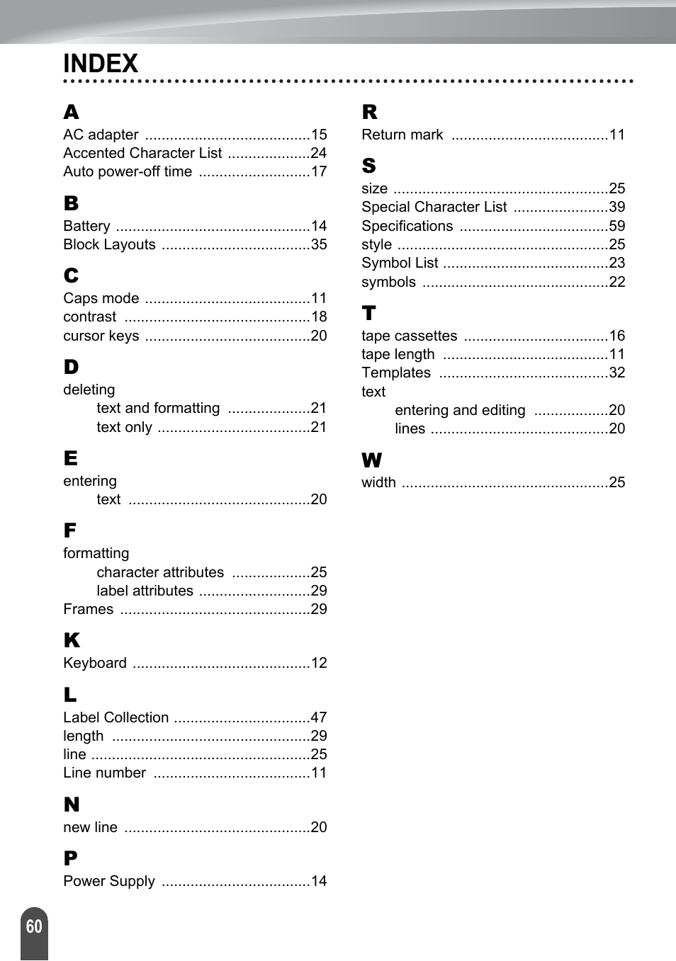 Index | Brother P-TOUCH PT-2030 User Manual | Page 66 / 68
