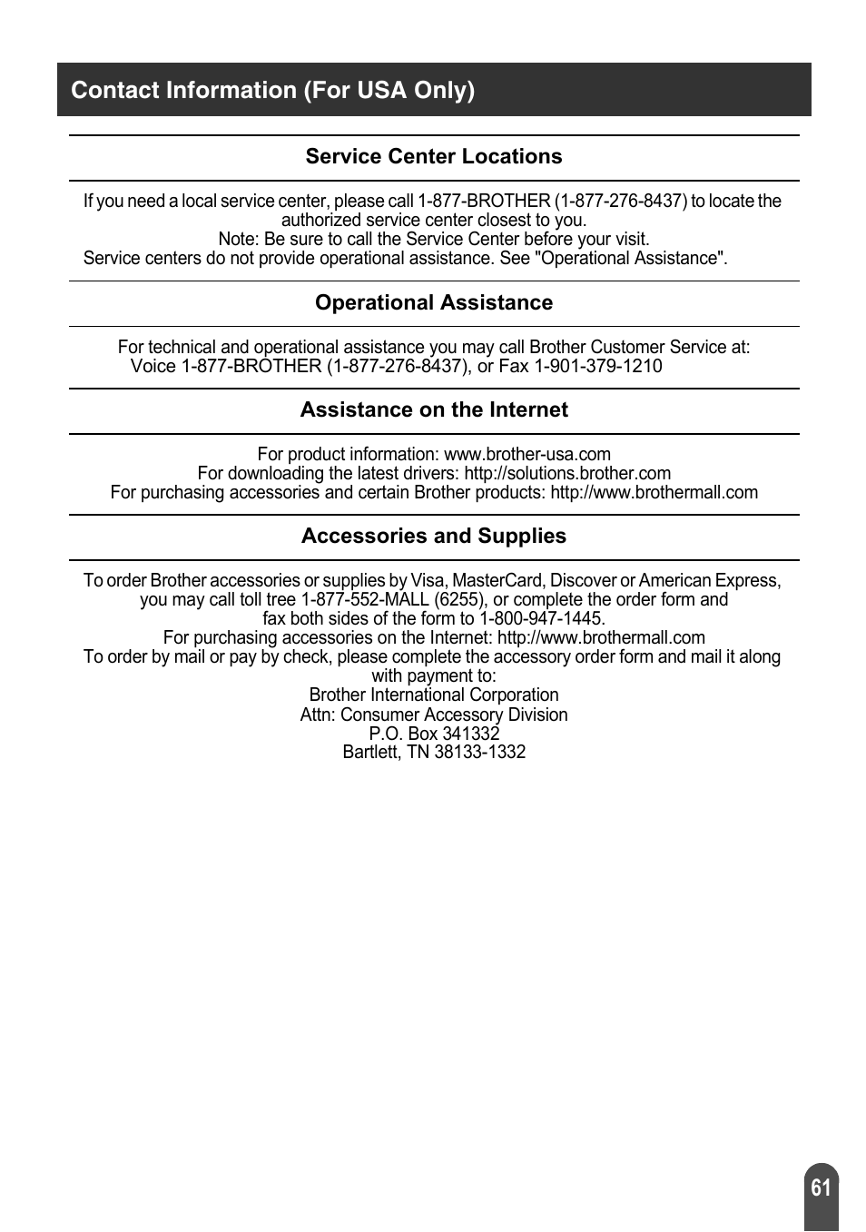 61 contact information (for usa only) | Brother P-TOUCH PT-2030 User Manual | Page 67 / 68