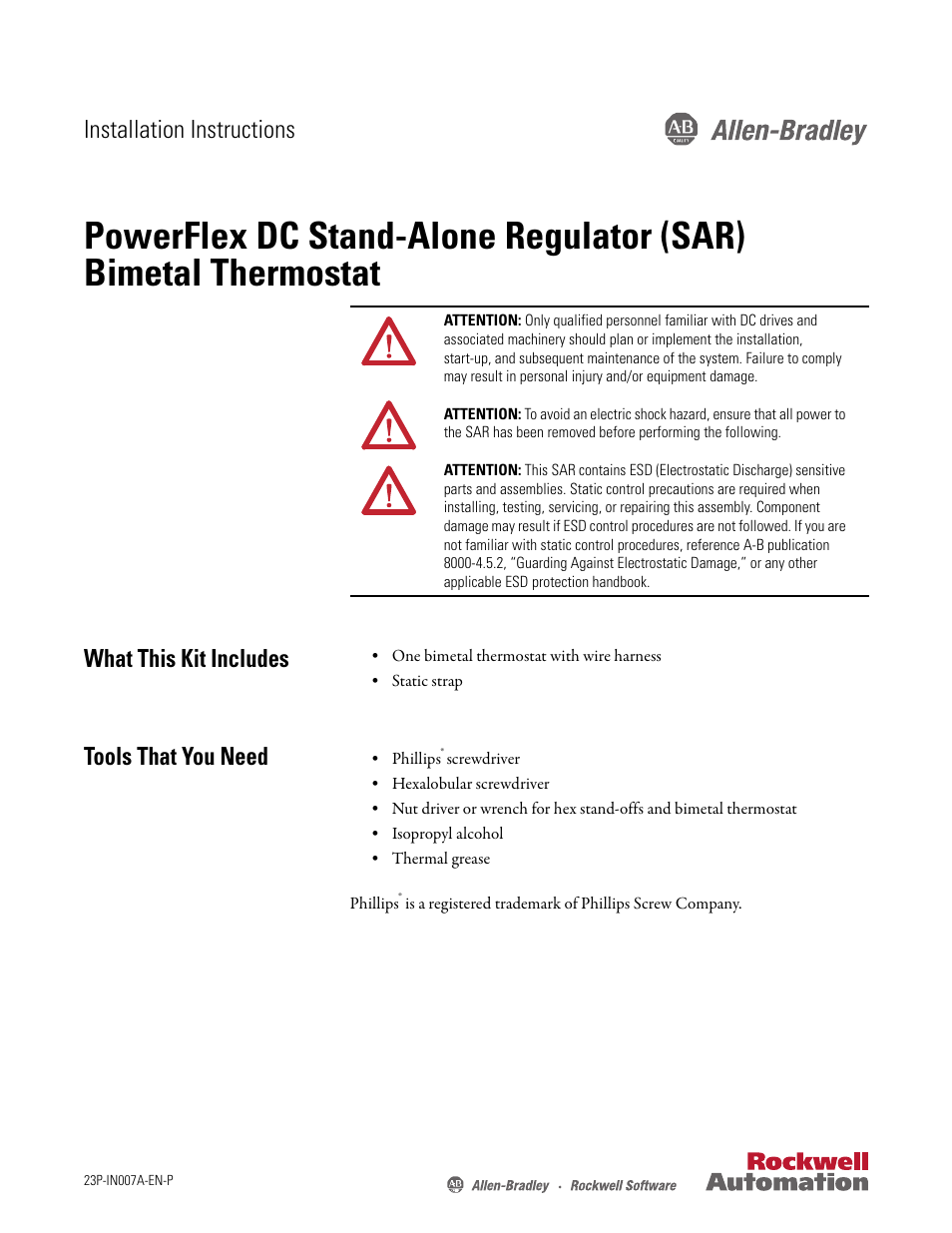 Rockwell Automation 23P PowerFlex DC Stand-Alone Regulator (SAR) Bimetal Thermostat User Manual | 10 pages