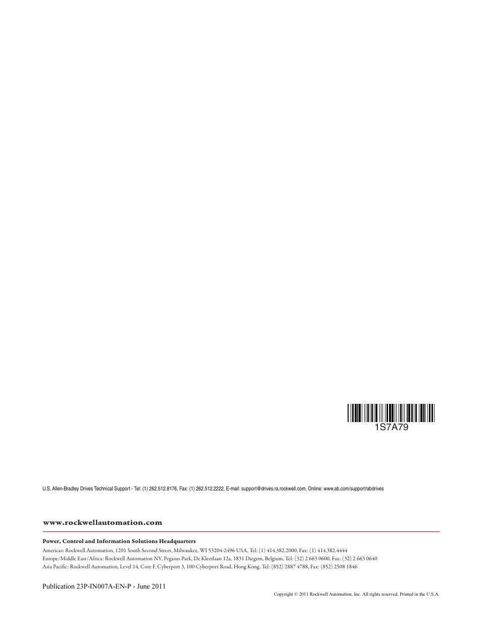 Back cover, 1s7a79 | Rockwell Automation 23P PowerFlex DC Stand-Alone Regulator (SAR) Bimetal Thermostat User Manual | Page 10 / 10