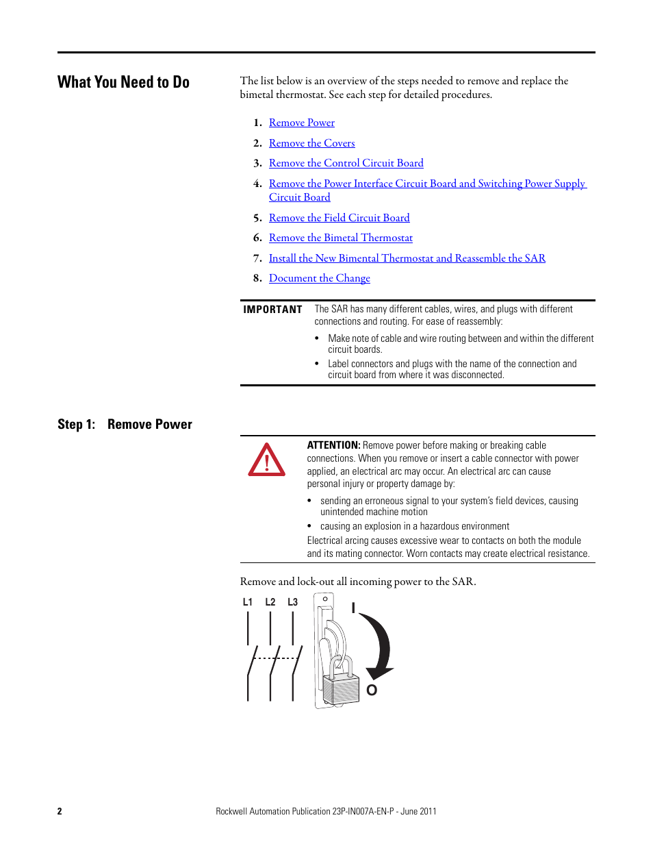 What you need to do, Step 1: remove power | Rockwell Automation 23P PowerFlex DC Stand-Alone Regulator (SAR) Bimetal Thermostat User Manual | Page 2 / 10