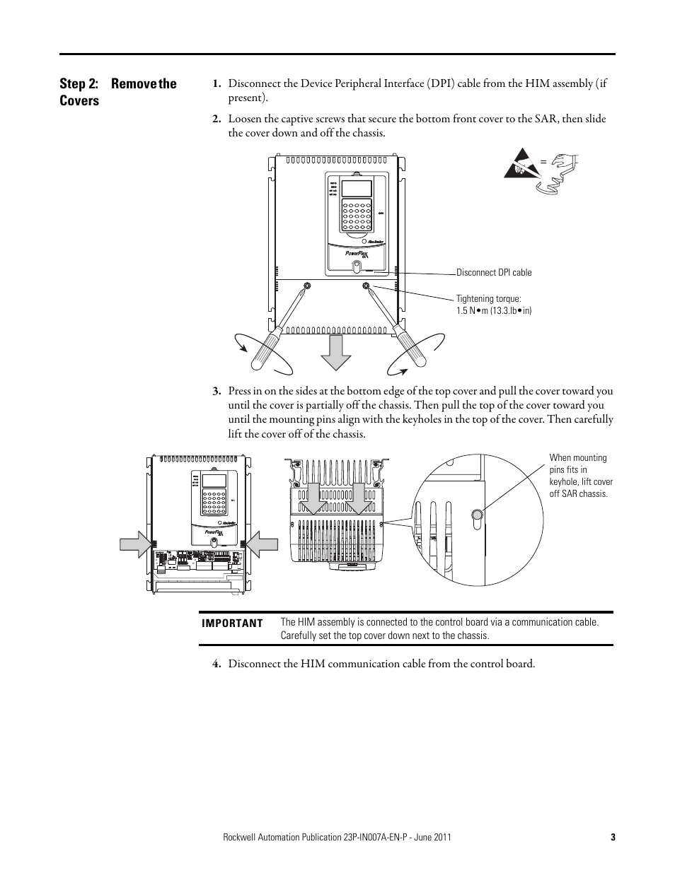 Step 2: remove the covers, Remove the covers | Rockwell Automation 23P PowerFlex DC Stand-Alone Regulator (SAR) Bimetal Thermostat User Manual | Page 3 / 10