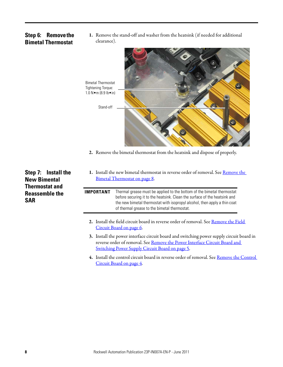 Step 6: remove the bimetal thermostat, Remove the bimetal thermostat | Rockwell Automation 23P PowerFlex DC Stand-Alone Regulator (SAR) Bimetal Thermostat User Manual | Page 8 / 10