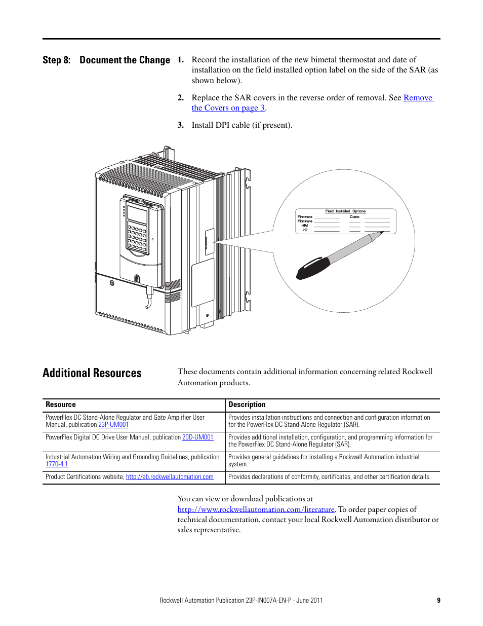 Step 8: document the change, Additional resources, Document the change | Rockwell Automation 23P PowerFlex DC Stand-Alone Regulator (SAR) Bimetal Thermostat User Manual | Page 9 / 10