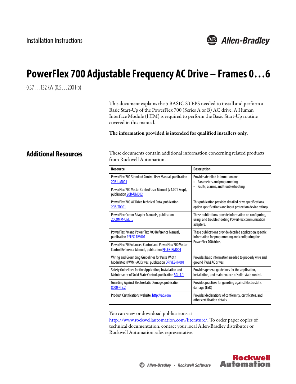 Rockwell Automation 20B PowerFlex 700 Installation Instructions - Frames 0…6 User Manual | 78 pages