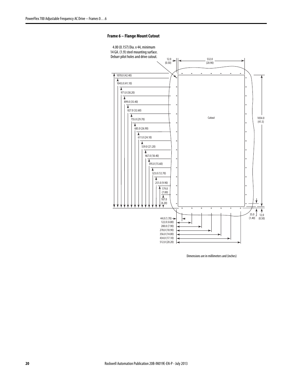 Frame 6 – flange mount cutout | Rockwell Automation 20B PowerFlex 700 Installation Instructions - Frames 0…6 User Manual | Page 20 / 78