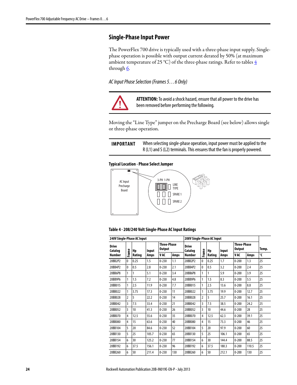 Single-phase input power, Ac input phase selection (frames 5…6 only) | Rockwell Automation 20B PowerFlex 700 Installation Instructions - Frames 0…6 User Manual | Page 24 / 78