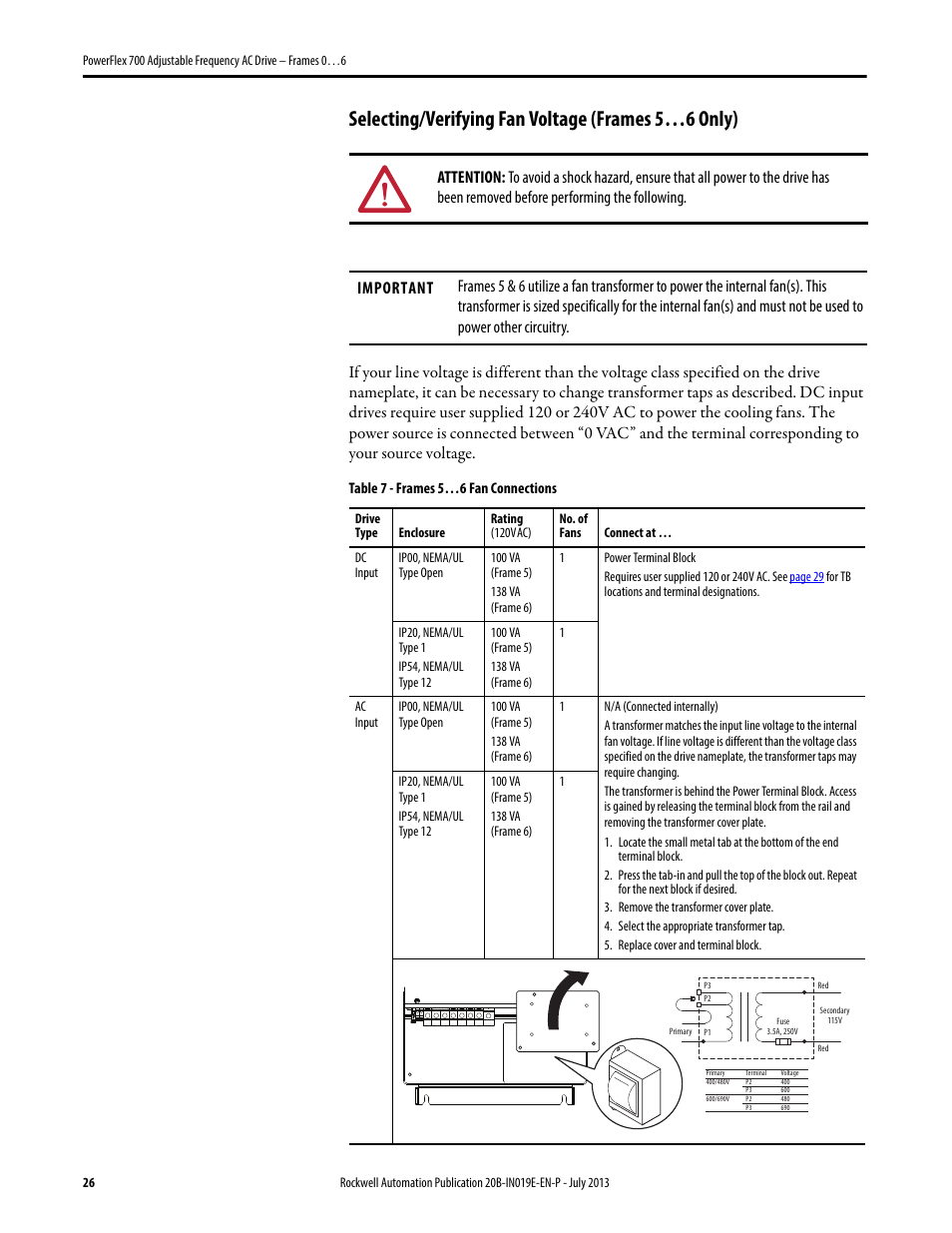 Selecting/verifying fan voltage (frames 5…6 only) | Rockwell Automation 20B PowerFlex 700 Installation Instructions - Frames 0…6 User Manual | Page 26 / 78