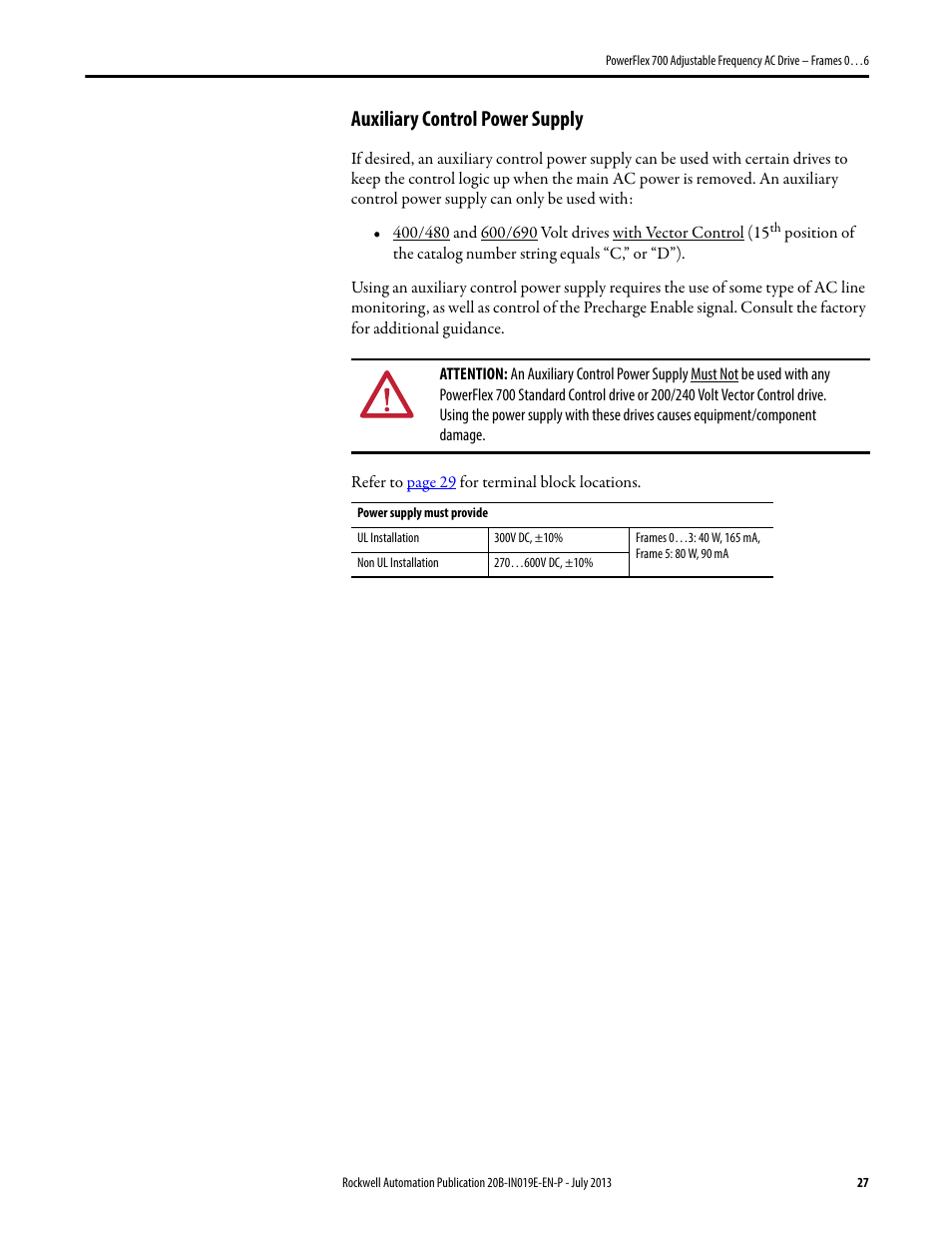 Auxiliary control power supply | Rockwell Automation 20B PowerFlex 700 Installation Instructions - Frames 0…6 User Manual | Page 27 / 78