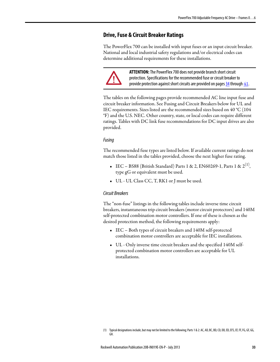 Drive, fuse & circuit breaker ratings | Rockwell Automation 20B PowerFlex 700 Installation Instructions - Frames 0…6 User Manual | Page 33 / 78