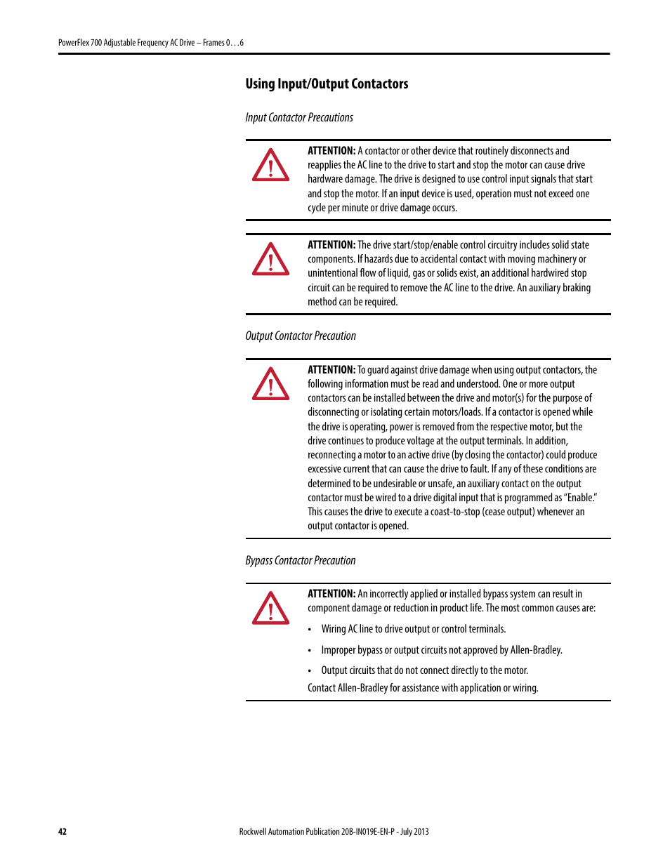 Using input/output contactors | Rockwell Automation 20B PowerFlex 700 Installation Instructions - Frames 0…6 User Manual | Page 42 / 78