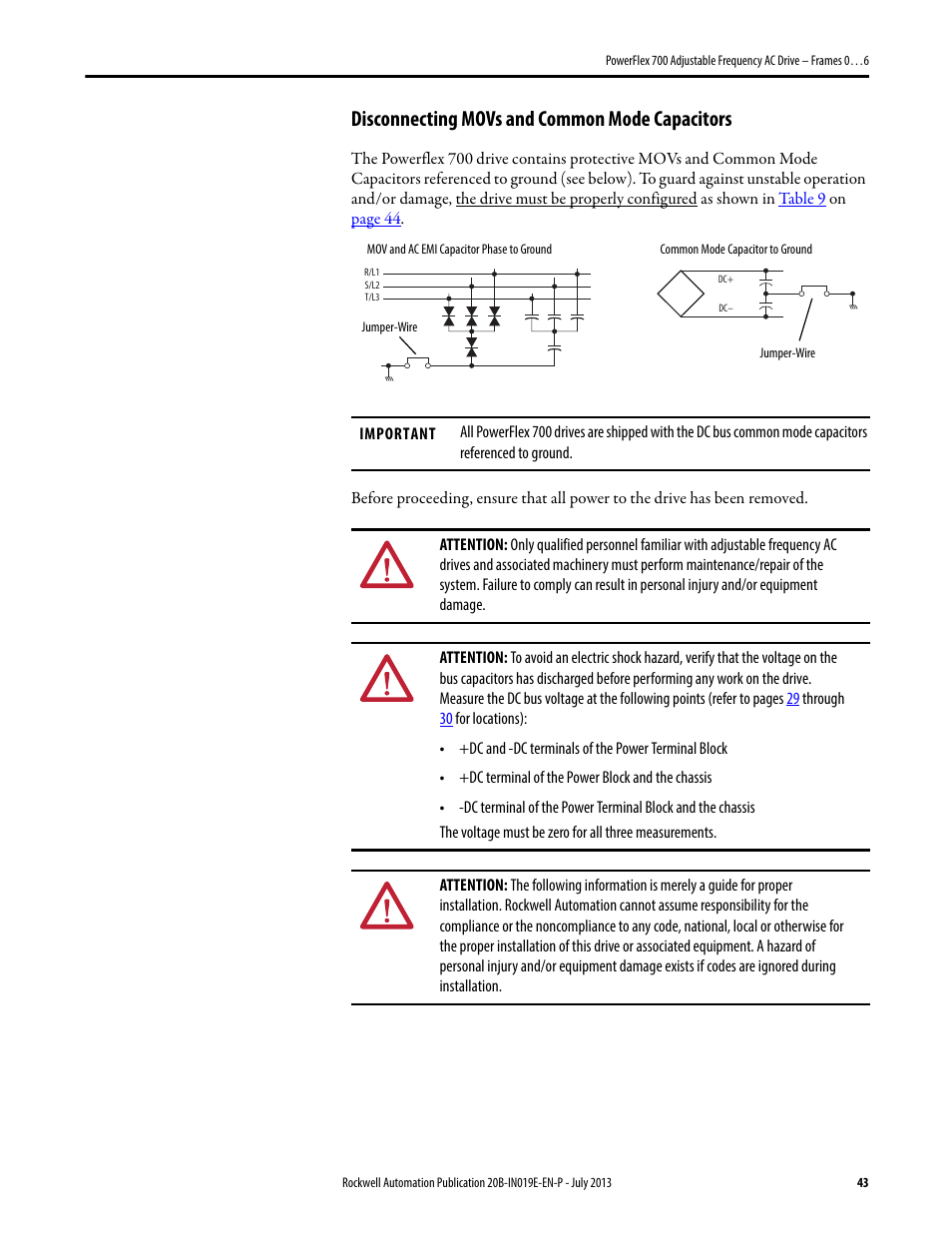 Disconnecting movs and common mode capacitors | Rockwell Automation 20B PowerFlex 700 Installation Instructions - Frames 0…6 User Manual | Page 43 / 78