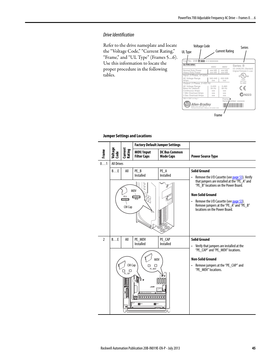 Drive identification, Jumper settings and locations, Cm cap mov | Cm cap | Rockwell Automation 20B PowerFlex 700 Installation Instructions - Frames 0…6 User Manual | Page 45 / 78