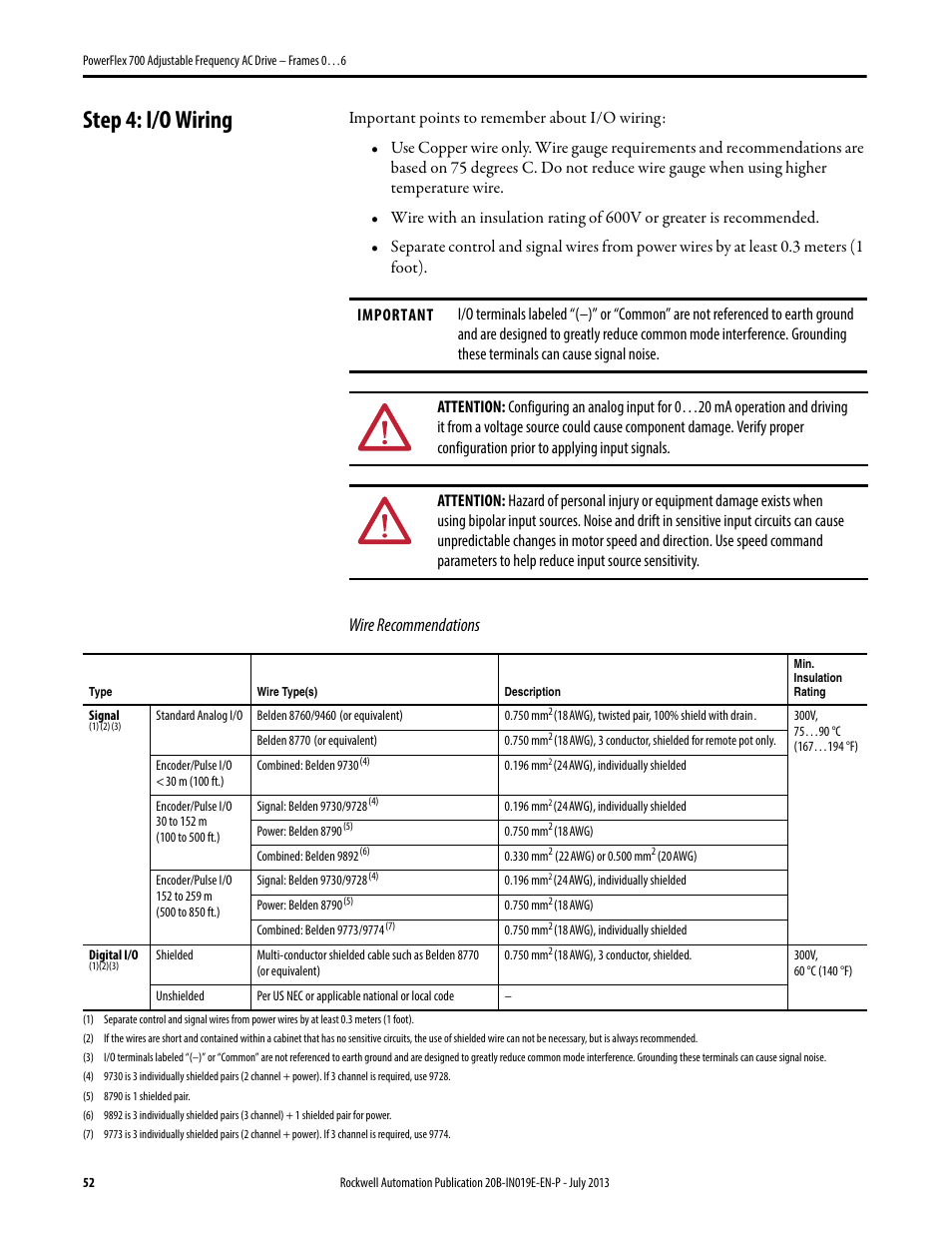 Step 4: i/o wiring, Wire recommendations | Rockwell Automation 20B PowerFlex 700 Installation Instructions - Frames 0…6 User Manual | Page 52 / 78