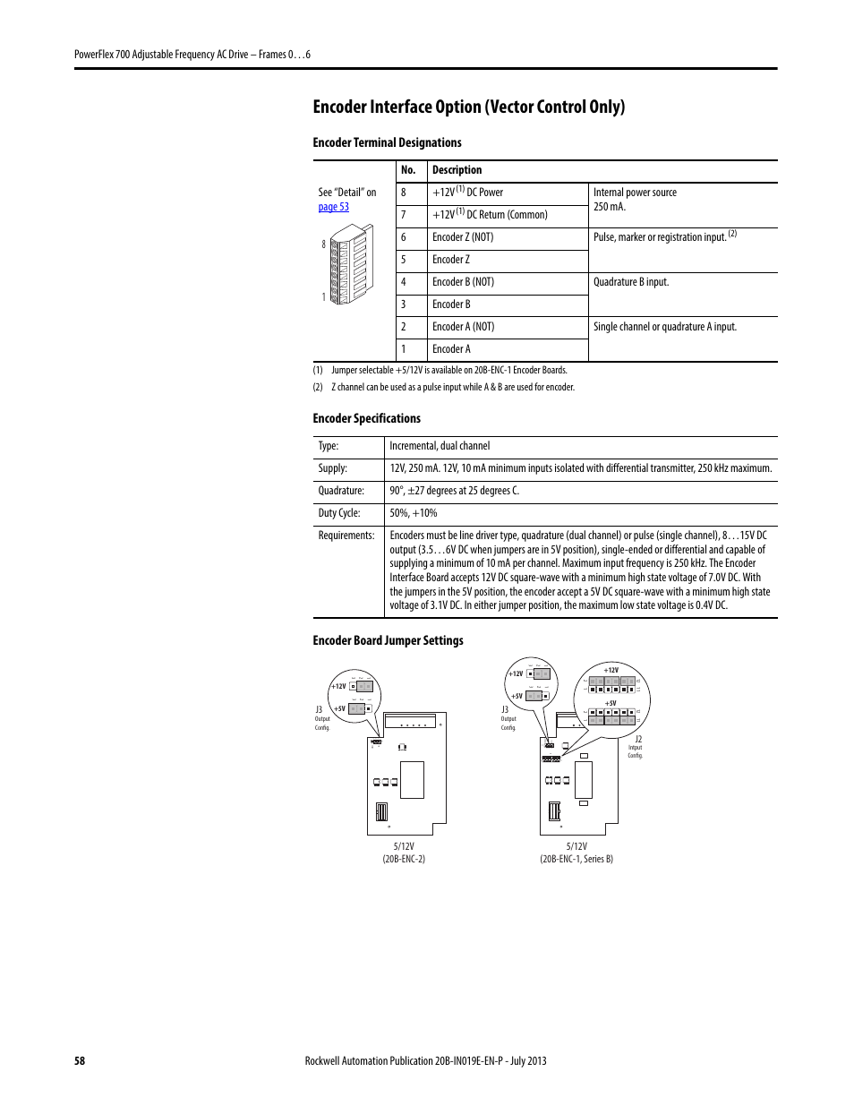 Encoder interface option (vector control only), Dc power | Rockwell Automation 20B PowerFlex 700 Installation Instructions - Frames 0…6 User Manual | Page 58 / 78