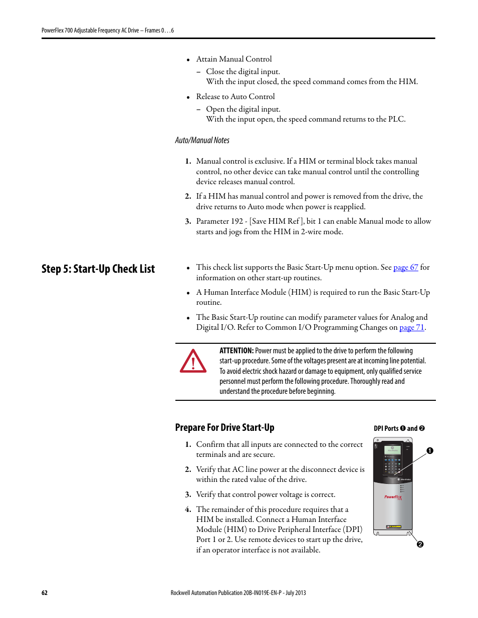 Step 5: start-up check list, Prepare for drive start-up | Rockwell Automation 20B PowerFlex 700 Installation Instructions - Frames 0…6 User Manual | Page 62 / 78