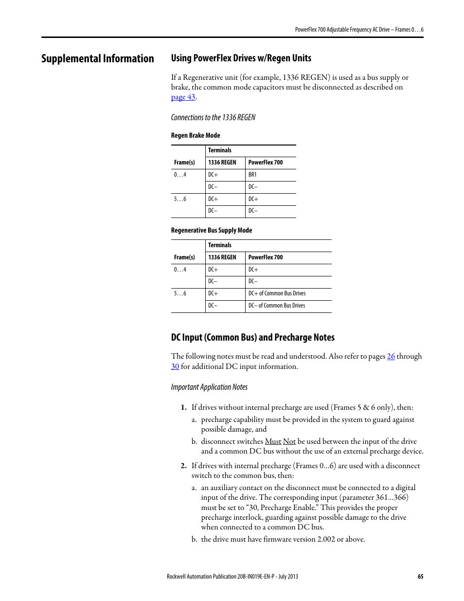 Supplemental information, Using powerflex drives w/regen units, Dc input (common bus) and precharge notes | Rockwell Automation 20B PowerFlex 700 Installation Instructions - Frames 0…6 User Manual | Page 65 / 78