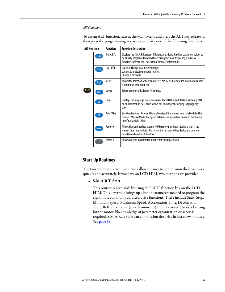 Start-up routines, Alt functions | Rockwell Automation 20B PowerFlex 700 Installation Instructions - Frames 0…6 User Manual | Page 67 / 78