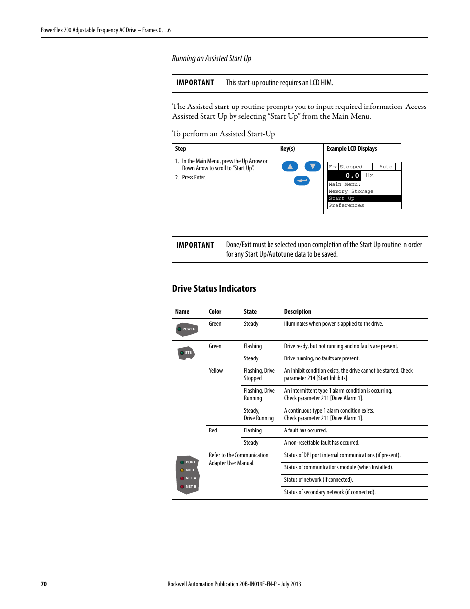 Drive status indicators, Running an assisted start up | Rockwell Automation 20B PowerFlex 700 Installation Instructions - Frames 0…6 User Manual | Page 70 / 78