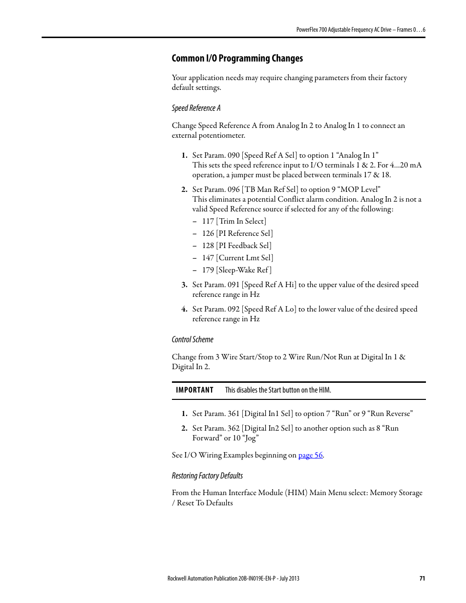 Common i/o programming changes | Rockwell Automation 20B PowerFlex 700 Installation Instructions - Frames 0…6 User Manual | Page 71 / 78
