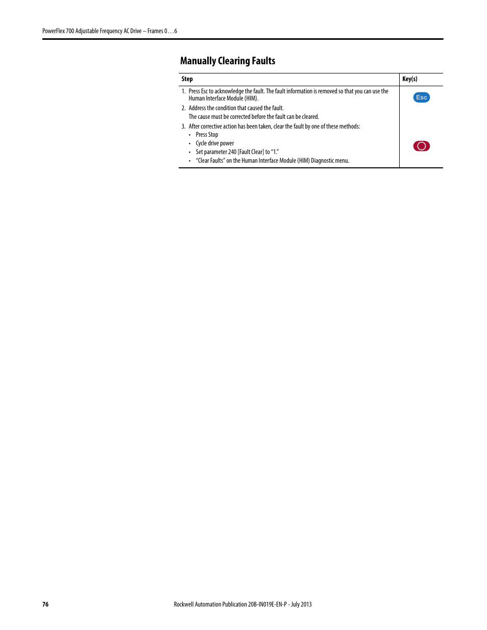 Manually clearing faults | Rockwell Automation 20B PowerFlex 700 Installation Instructions - Frames 0…6 User Manual | Page 76 / 78