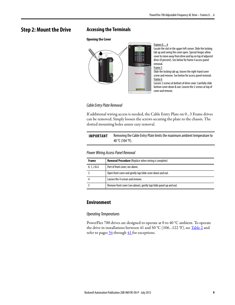 Step 2: mount the drive, Accessing the terminals, Environment | Cable entry plate removal, Power wiring access panel removal, Operating temperatures | Rockwell Automation 20B PowerFlex 700 Installation Instructions - Frames 0…6 User Manual | Page 9 / 78