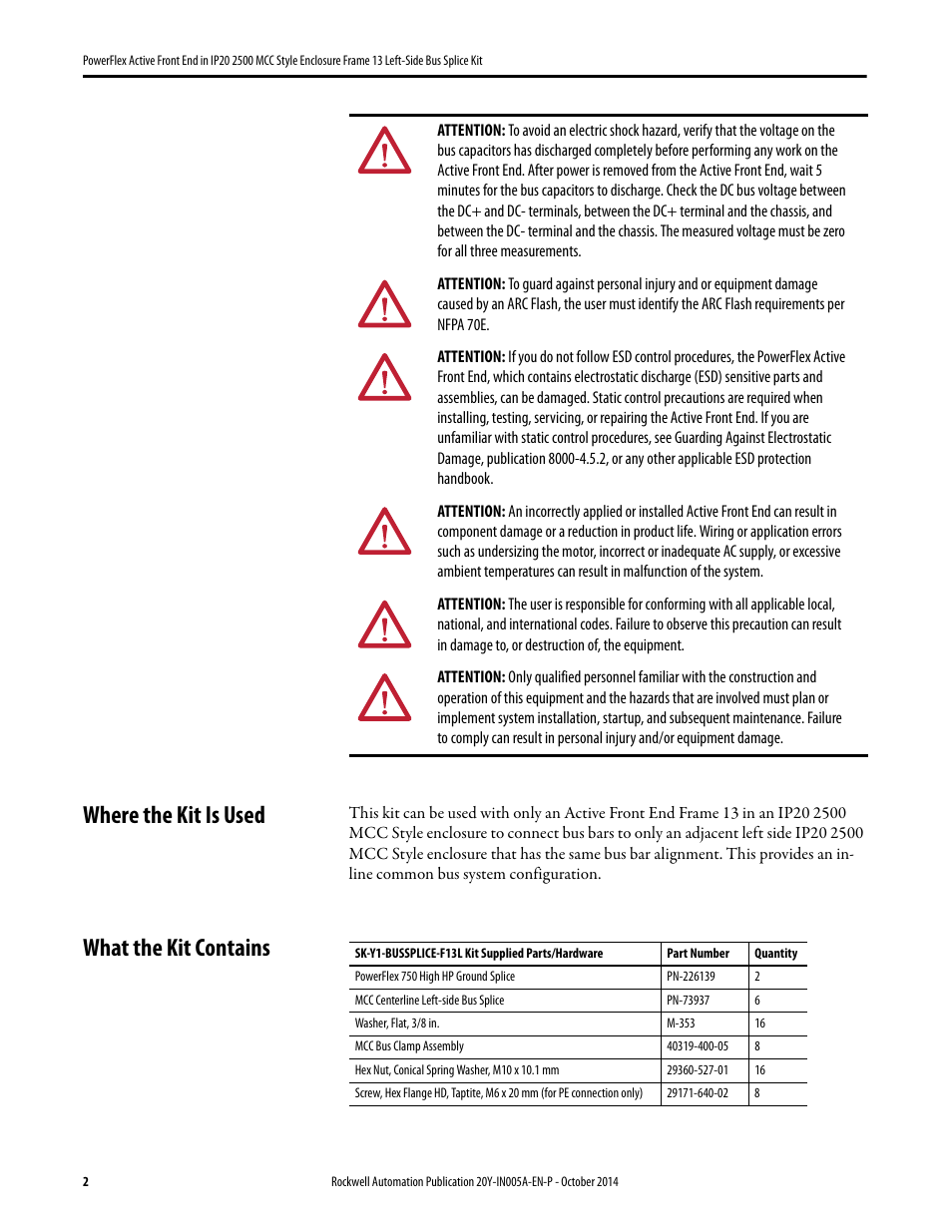 Where the kit is used, What the kit contains | Rockwell Automation 20Y PowerFlex Active Front End in IP20 2500 Encl. Fr. 13 Left-Side Bus Splice Kit User Manual | Page 2 / 6