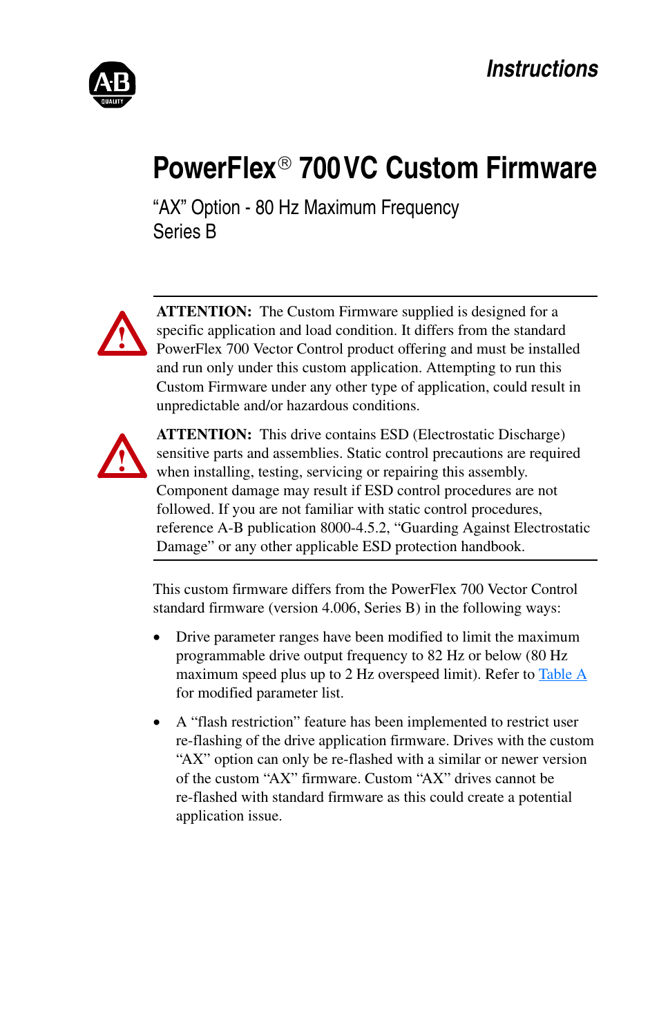 Rockwell Automation 20B PowerFlex 700 Custom Firmware - Option AX User Manual | 2 pages