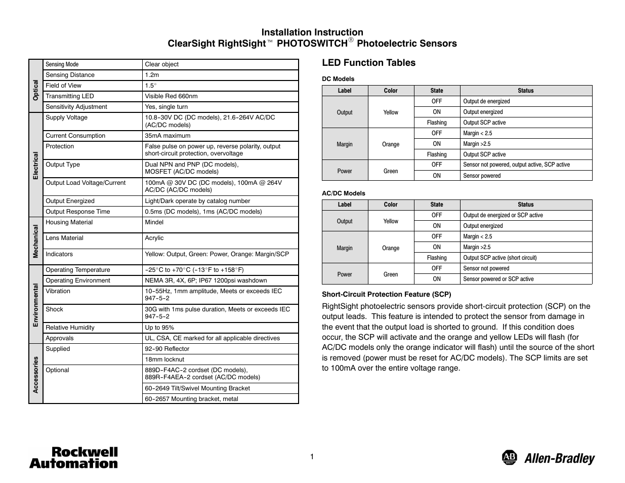 Rockwell Automation 42EF ClearSight RightSight PHOTOSWITCH Photoelectric Sensors User Manual | 4 pages