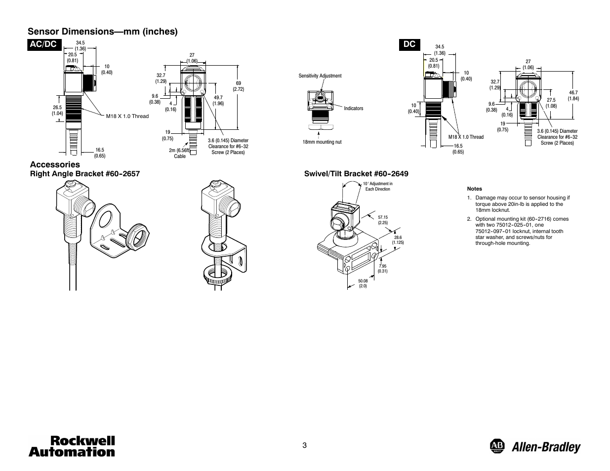 Sensor dimensions—mm (inches), Ac/dc, Accessories | Rockwell Automation 42EF ClearSight RightSight PHOTOSWITCH Photoelectric Sensors User Manual | Page 3 / 4